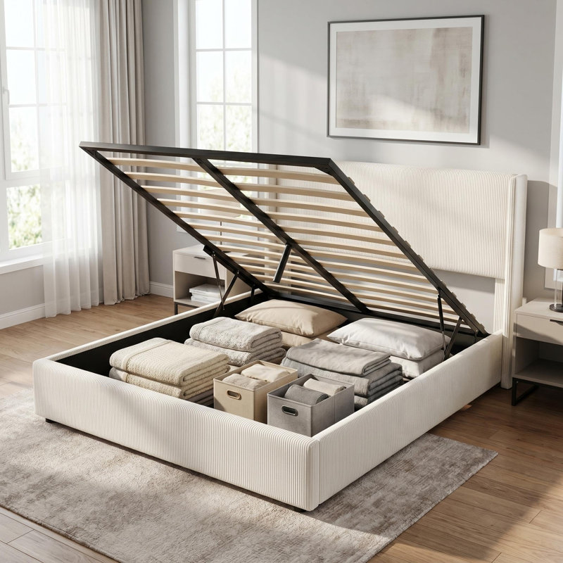 Structure de lit avec rangement Lift Up, lit plateforme tapissier en velours côtelé avec vérin à gaz, Queen, White