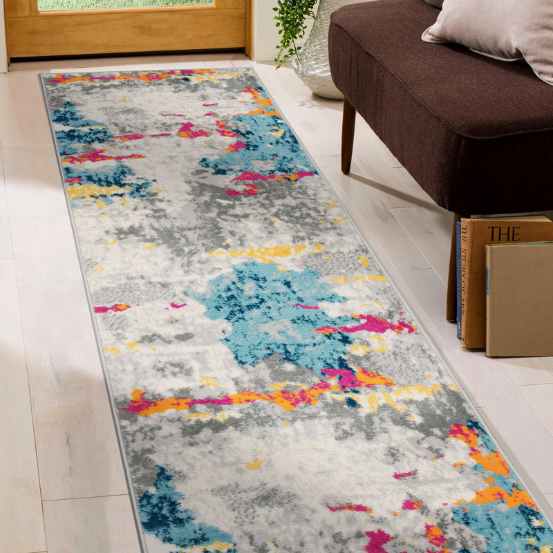 Tapis abstrait bleu / rose / orange Riegelsville, Tapis de couloir de 2 pi x 7 pi