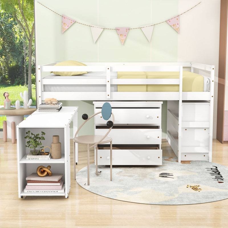 Wood Loft Bed With Desk And Storage Drawers,Ladder, Full, White
