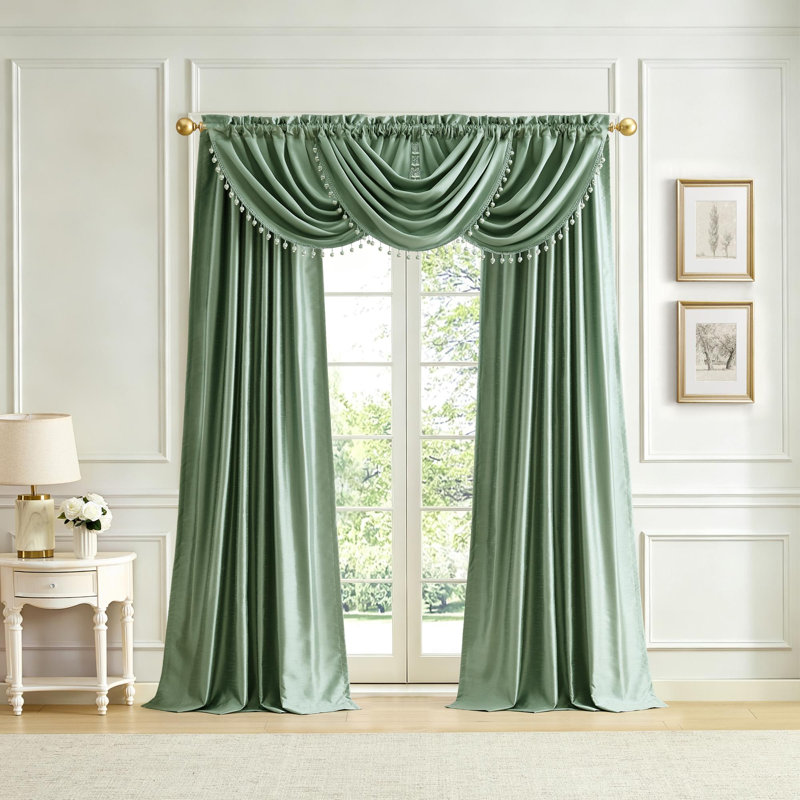 Lenox Imperial Faux Silk Window Curtain, Gold - 52"W x 84"L, Sage, 52"W x 108"L