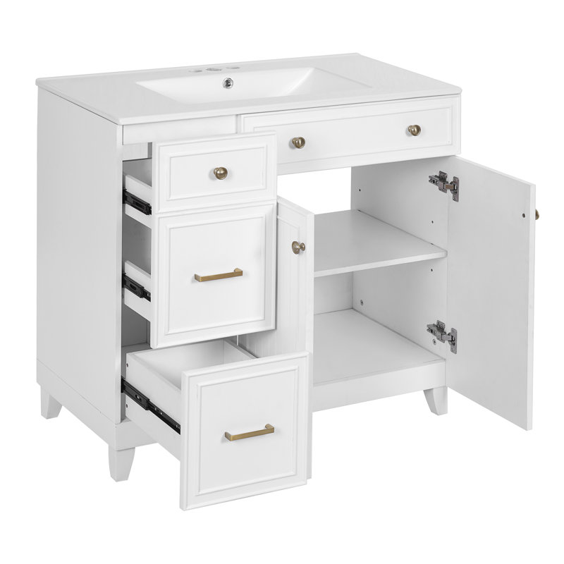 36" Single Bathroom Vanity With Ceramic Top, White, Silver