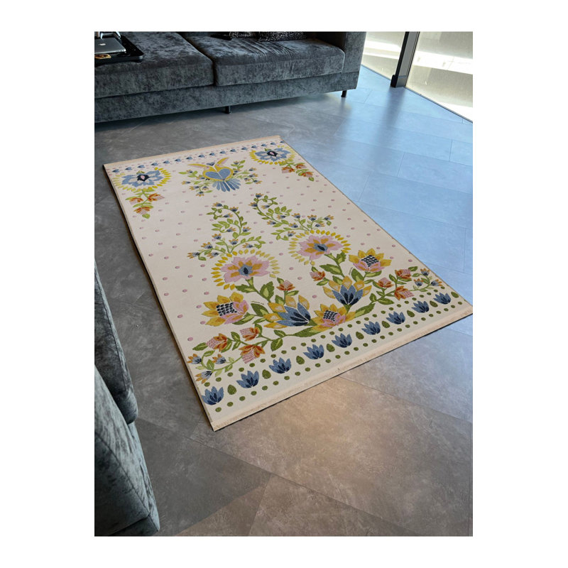 Tapis décoratif lavable à la machine à motif floral traditionnel beige multicolore, Rectangle 2 pi 6 po x 4 pi 11 po