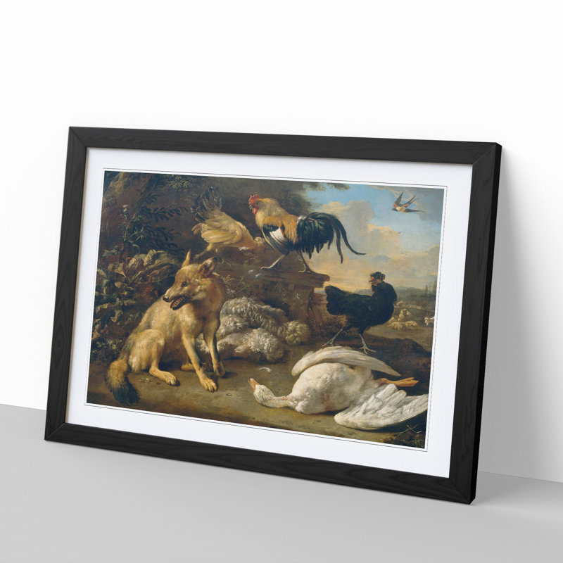 A Fox with Hens and a Goose by Melchior D'Hondecoeter - Picture Frame Painting, Black Framed, 48cm H x 65cm W x 2cm D