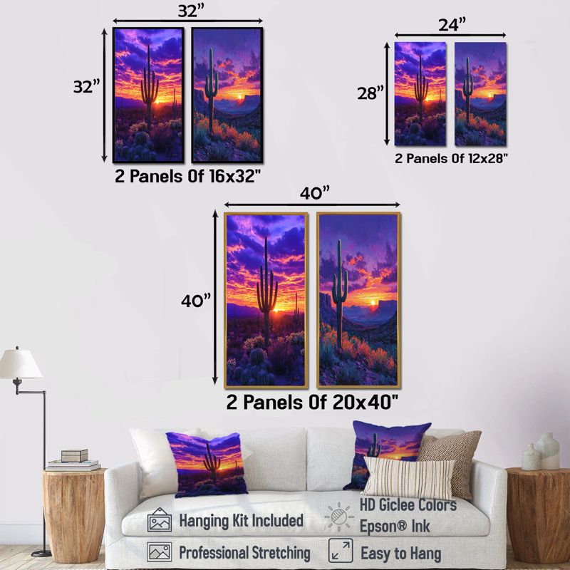 Cactus du désert au coucher du soleil - Collection de 2 panneaux d'art sur toile florale, 28" H x 25" W, Toile tendue