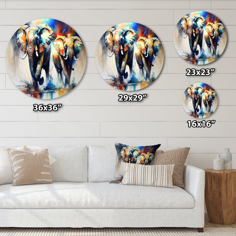 Éléphants qui courent I - animaux, art en métal rond, H 36 po x l 36 po