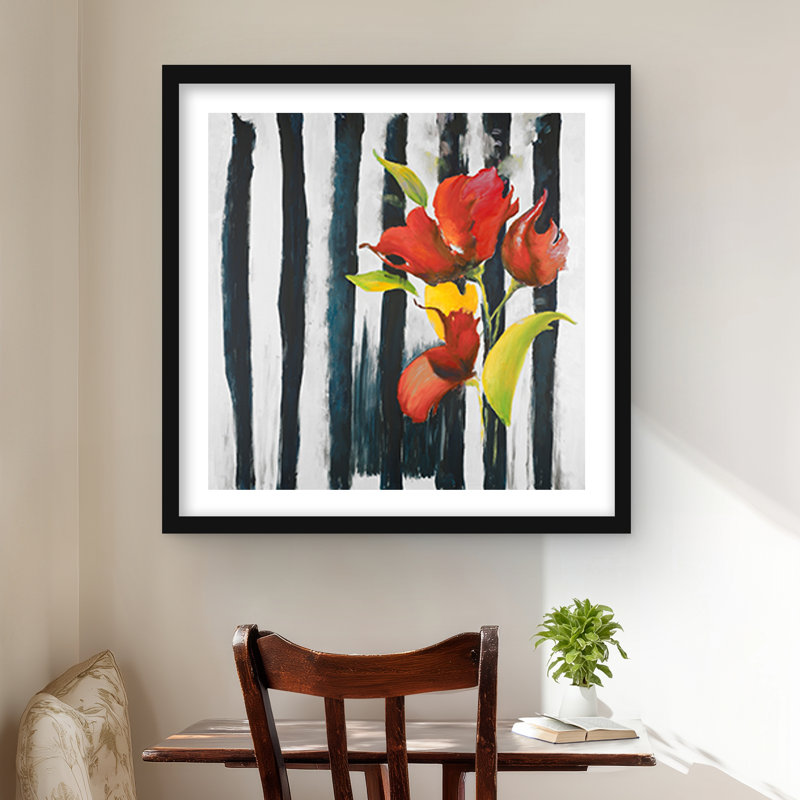 Fleurs sur rayures noires et blanches | Reproduction encadrée pour chambre à coucher