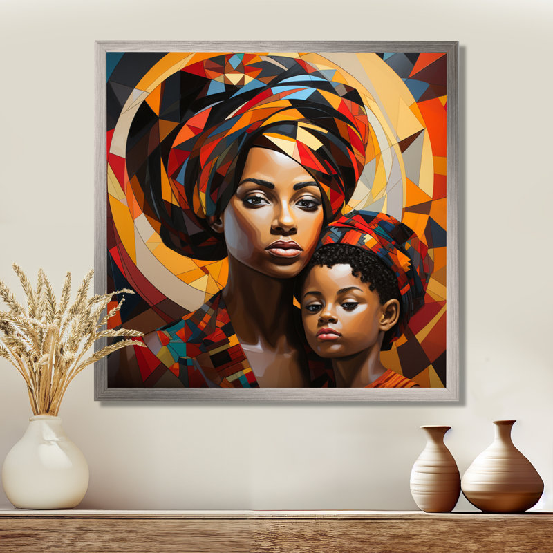 Orange orange, mère et enfant, lien II - art mural africain, H 36 po x l 36 po x P 1,5 po, Cadre simple argenté