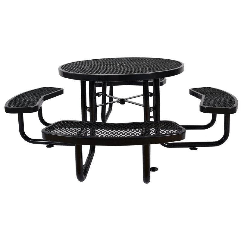 Table de pique-nique ronde en acier 46 po noire avec mât de parasol, ensemble de patio, Noir