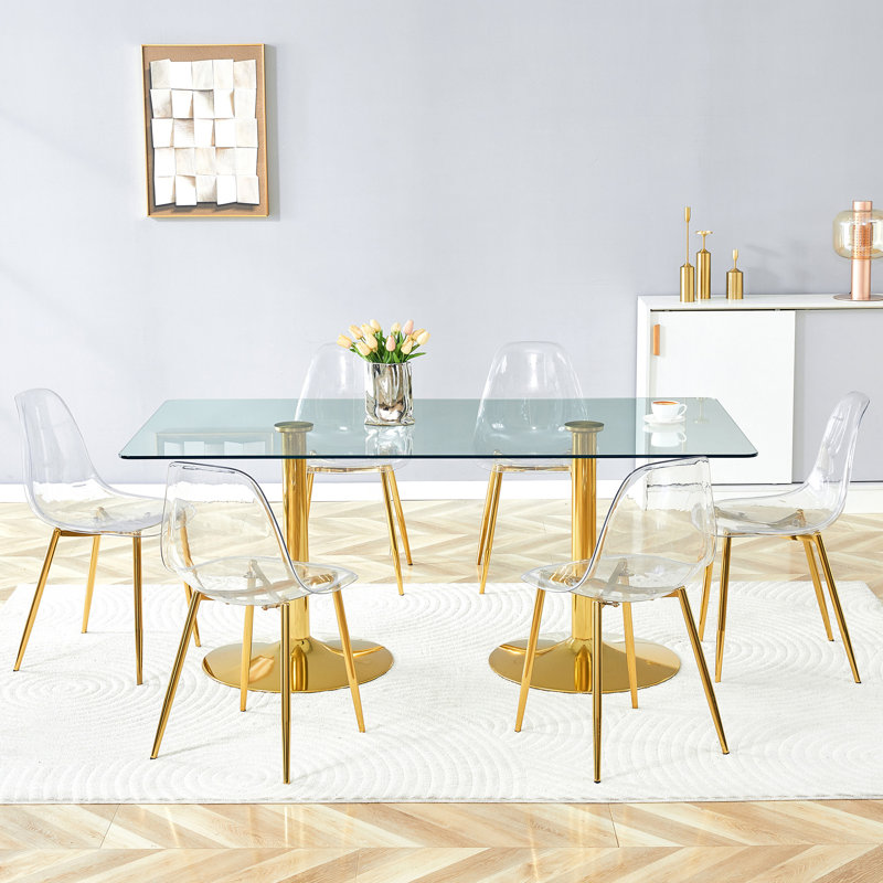 Ensemble de table et de chaises Table en verre trempé de 71 po x 35,4 po, 7 pièces : table, 6 chaises, Doré