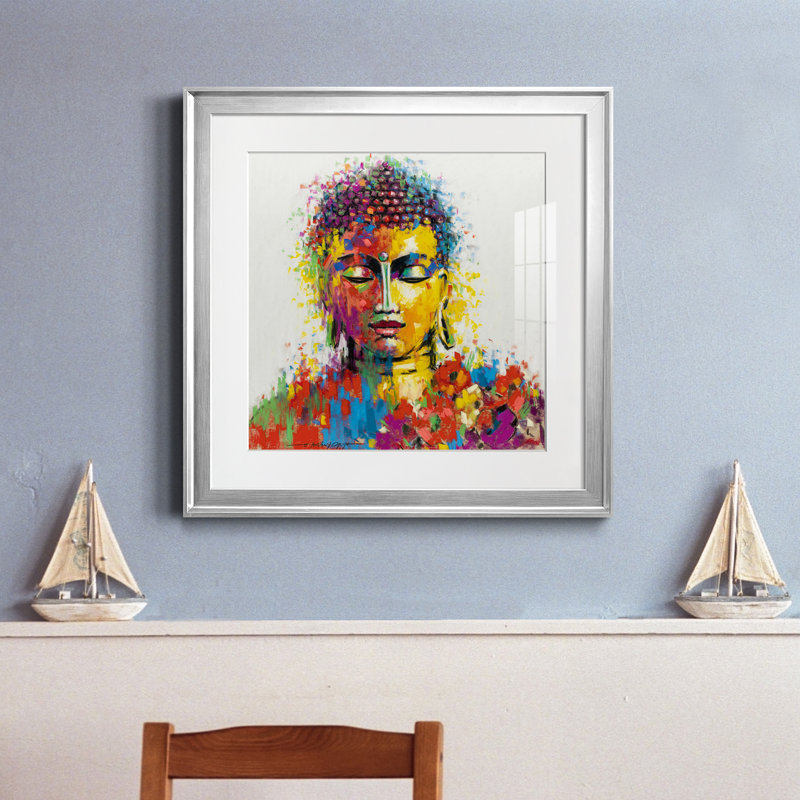 Bouddha - peinture encadrée, Papier avec cadre argenté, H 17,5 po x l 17,5 po x P 1,5 po