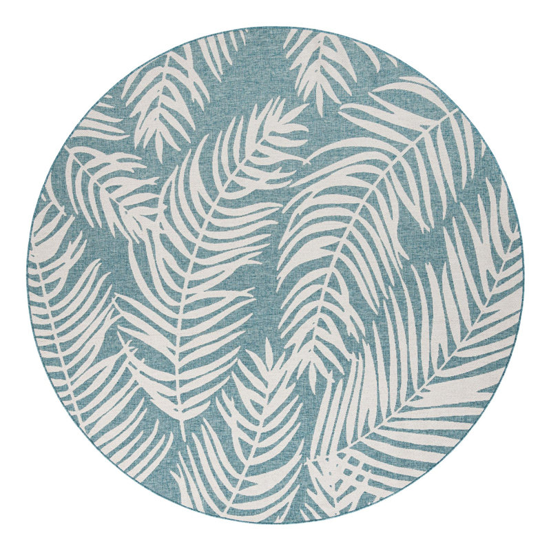 Pinion Floral Machine Woven Polypropylene Indoor / Outdoor Area Rug in Teal, Round 10'