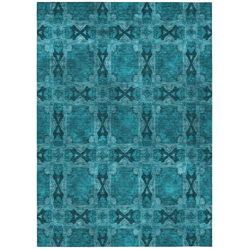 Tapis extérieur lavable antidérapant à motif de médaillon bleu sarcelle 5 pi x 8 pi
