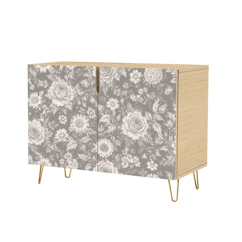 Buffet Buffet avec rangement Vintage Floral Roses Daisies Gris avec 2 portes pour le salon et la cuisine