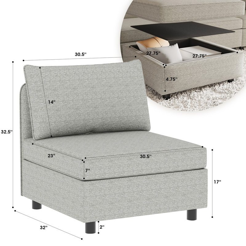 Armless Modular Sectional Sofa With Storage, Grey