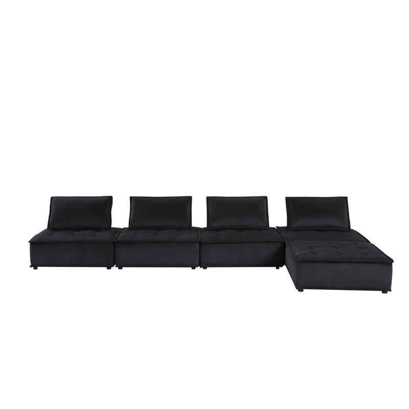 Aveline 120"W Black Velvet 5 Pc Sectional Sofa, Right Hand Facing, 29" H x 120" W x 120" D