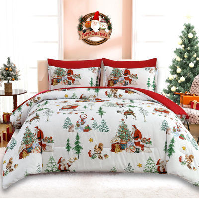 Ensemble d'édredon 7 pièces, ensemble de literie de Noël festif avec accents rouges et imprimé de forêt