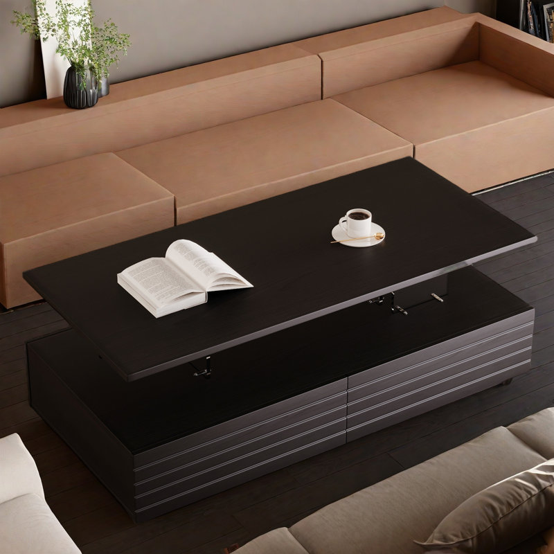 Modern Rectangular Coffee Table With Led Lights, 2 Drawers And Open Storage Shelf, Black