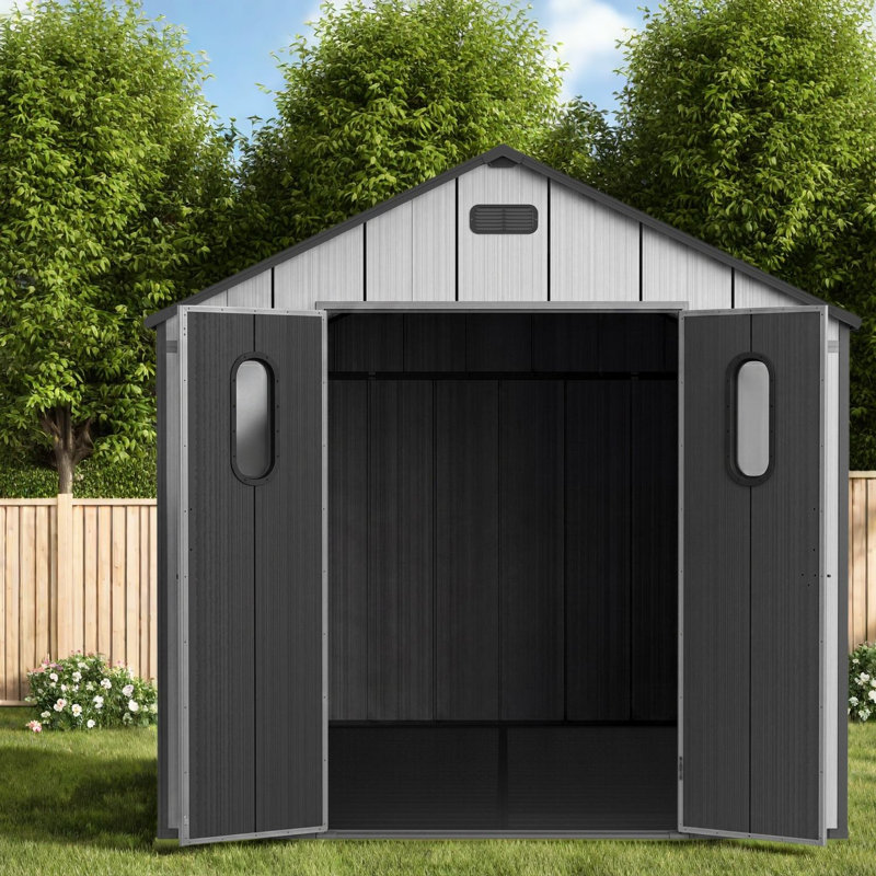 Spacious 8x12 Ft Resin Sheds with Floor, Steel Frame, Modern Backyard Storage, 143.7*92.5*92.8