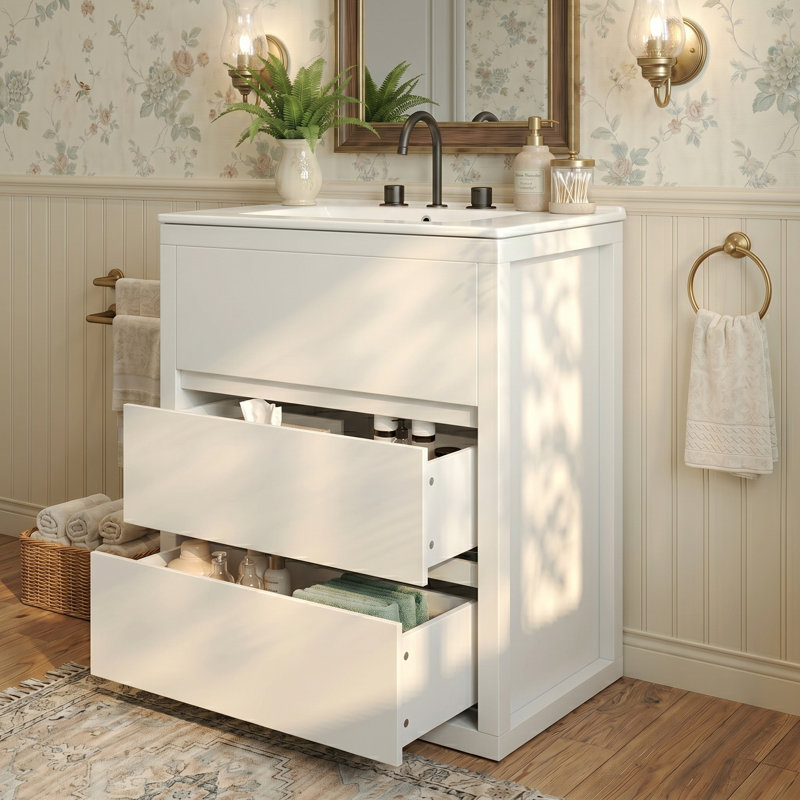 Meuble-lavabo simple autoportant 30 po avec plateau en céramique et tiroirs à fermeture en douceur, blanc brillant
