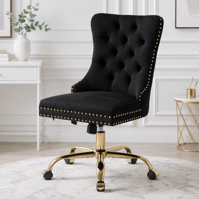 Chaise de bureau en velours de luxe avec base dorée et capitonnage à losanges
