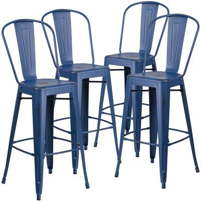 Commercial Grade Distressed Metal Indoor-Outdoor Counter Height Stool with Back
