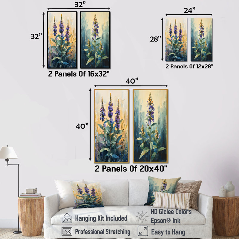 Herbal Serenity in Green Pastels Impressionist I - Art mural floral 2 panneaux, H 28 po x l 25 po, Cadre flottant doré