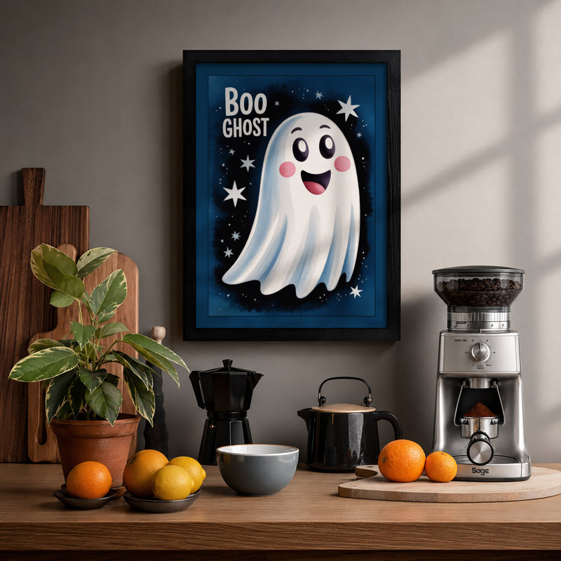 Cheerful Halloween Ghost Novelty - Framed Print, A1 - 84.1 x 59.4 cm, Black