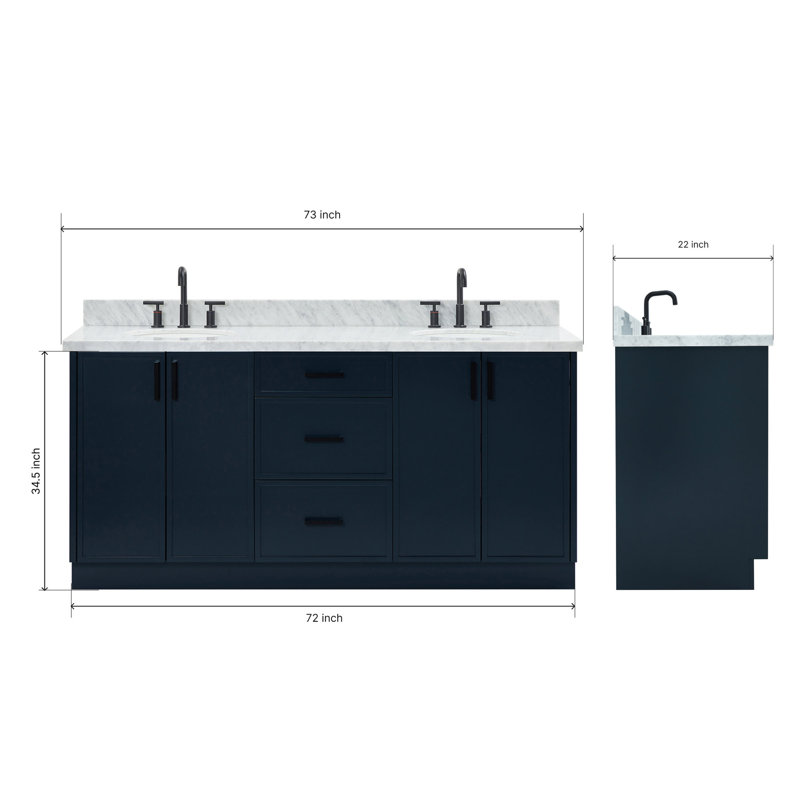ARIEL Kelly 73 Double Sink Bathroom Vanity with Italian Carrara Marble Top, Midnight Blue
