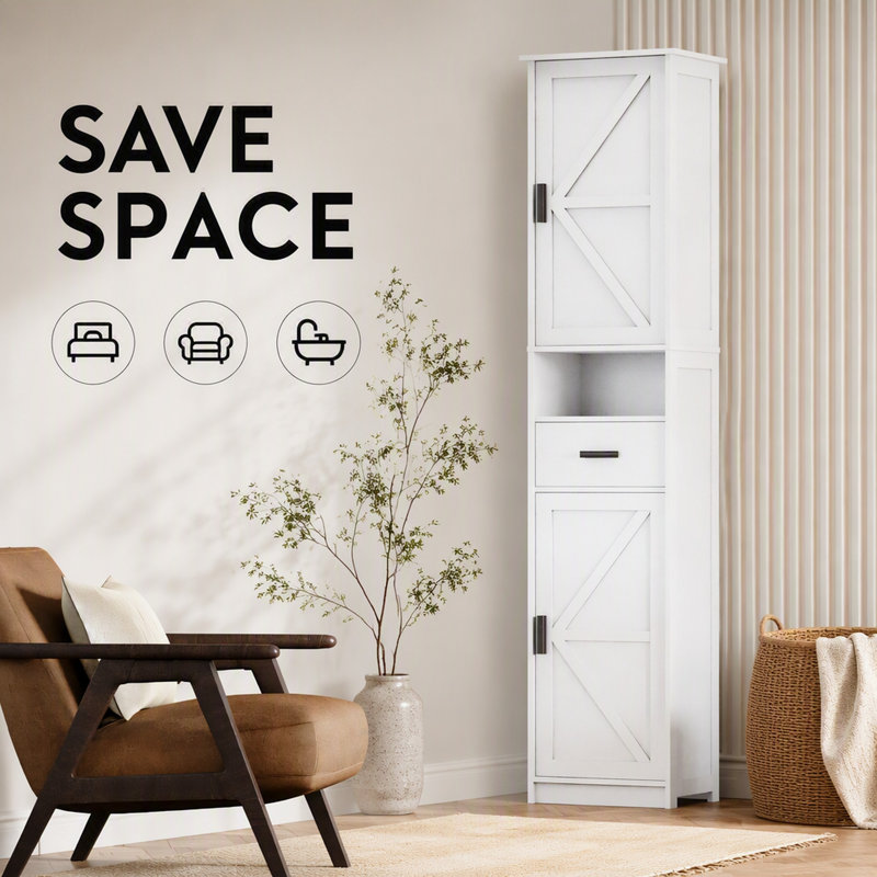 Armoire de salle de bain de 69 po de hauteur avec 2 portes de grange et un tiroir, unité de plancher étroite blanche avec tablettes réglables pour le salon, le vestibule et la cuisine