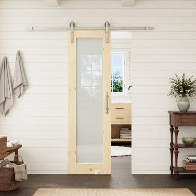 24"x80" Full Lite Frosted Glass Pine Wood Slab Door With Nickel Barn Door Hardware Kit For Pantry,Closet
