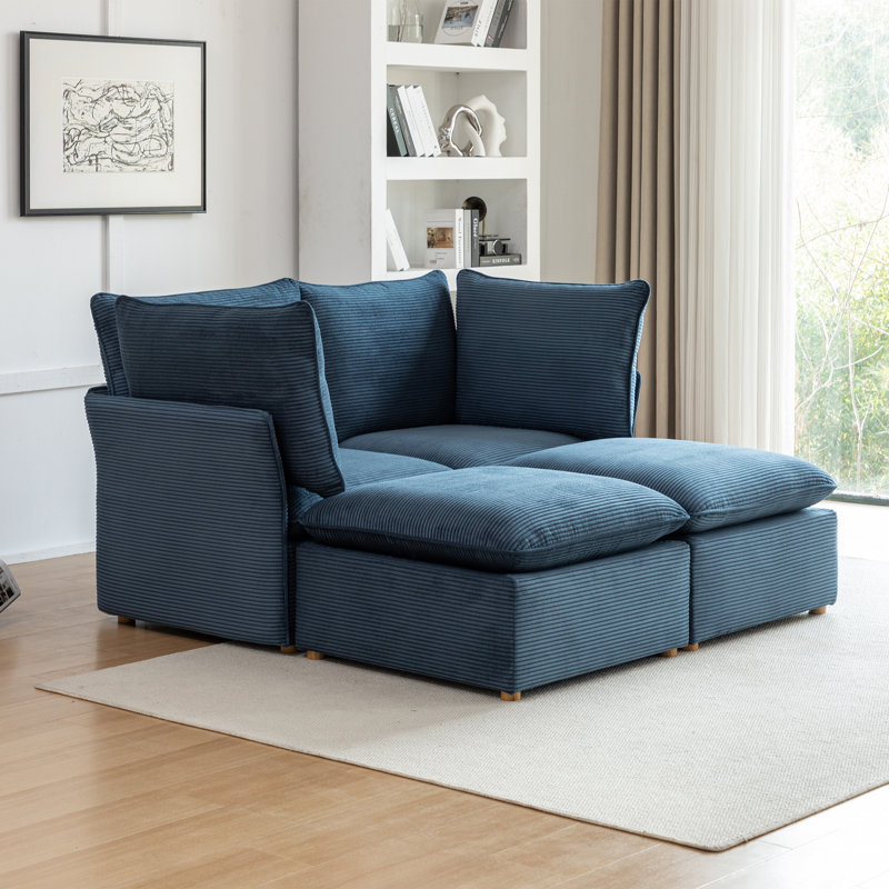 Hepworth 4 - Piece Corduroy Sectional Sofa With Two Ottomans, Blue Corduroy