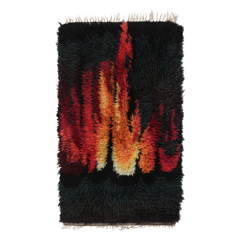 Vintage Swedish Rya Runner, Colorful Scandinavian Flame Patterns - Rug & Kilim
