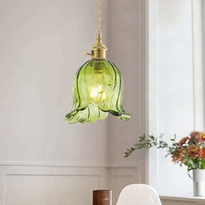 1-Light E26 Base Polished Brass Metal and Glass Dome Flower Pendant Light, Adjustable Height, Dimmable, ETL Listed