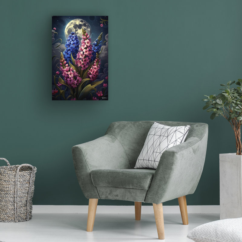 Art sur toile, jacinthe lunaire rose et bleue 1, H 16 po x l 24 po