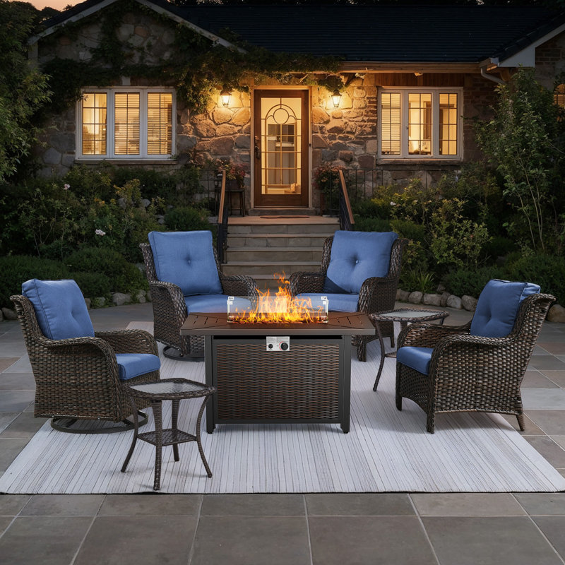 Wendye 7-Piece Outdoor Set With Fire Pit Table, Swivel Chairs & Side Tables For Patio, Blue