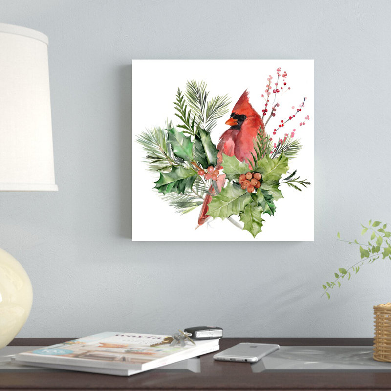 «Cardinal Holly Christmas I» par Jennifer Paxton Parker - reproduction d'art sur toile tendue, H 12 po x l 12 po