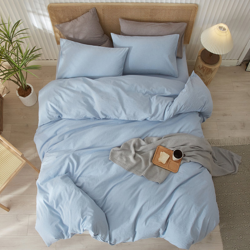 Ensemble de housse de couette 100% coton délavé LifeTown, Housse de couette simple + 2 taies d'oreiller, Bleu bleuet