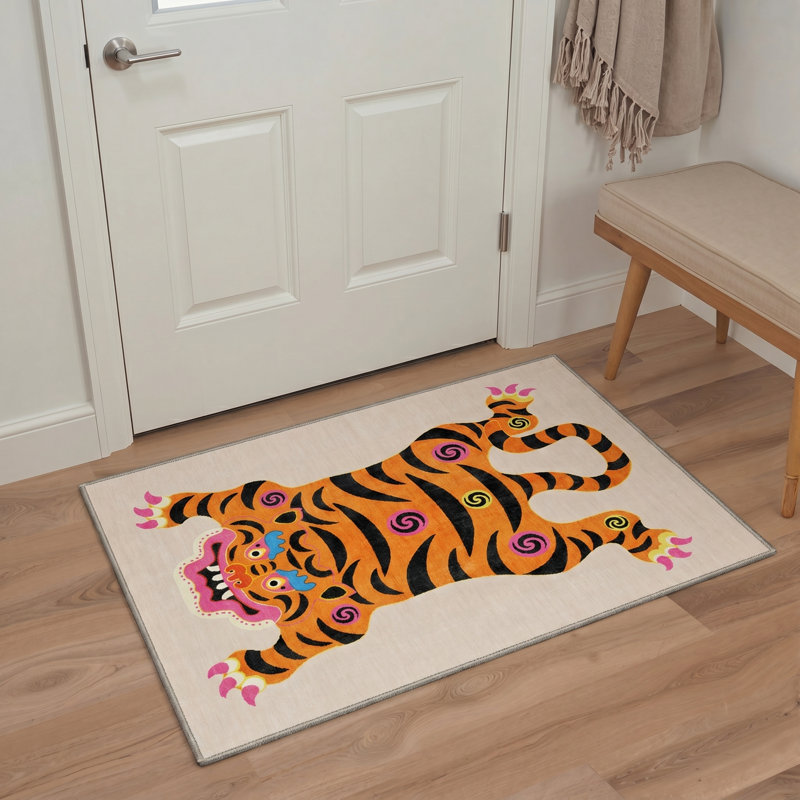 Verdant Animal Print Machine Washable Orange / Black / Beige Indoor Area Rug with Non-Slip Backing, Rectangle 5' x 7'
