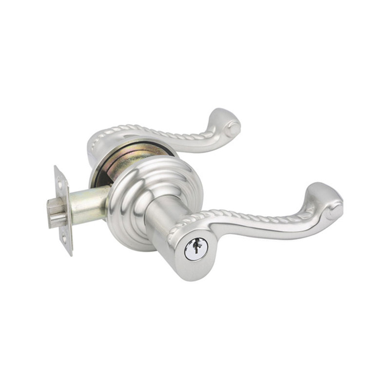 Wave/Drop Keyed (Entry) Door Lever with Round Rosette, Yes, Right, Satin Nickel
