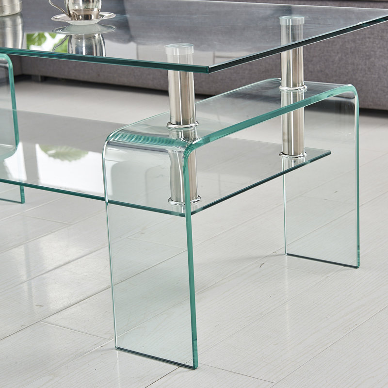Table basse rectangulaire en verre transparent avec rangement à 2 niveaux