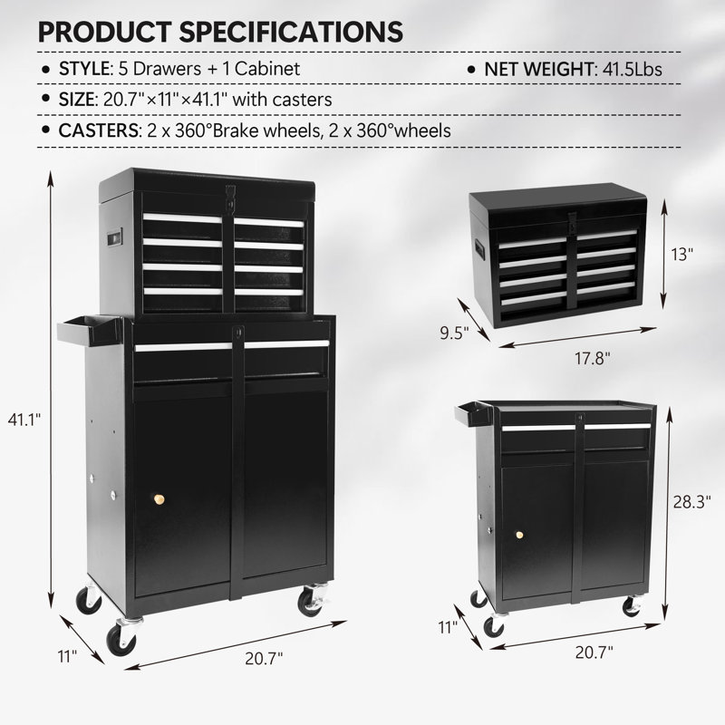 5-Drawer Rolling Tool Chest, High Capacity Tool Storage Cabinet W/Lockable Wheels, Gray