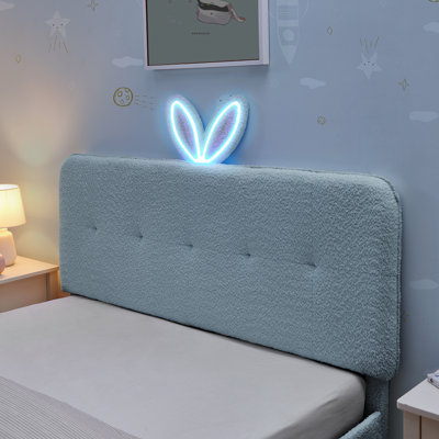 Lit avec tête de lit surdimensionnée pour oreilles de lapin surdimensionnée, éclairage à DEL et 4 tiroirs en tissu bouclé doux et respirant