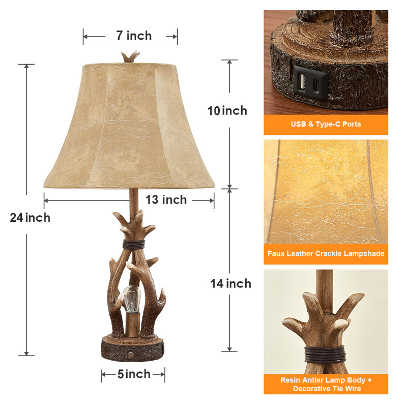 24" Resin Antler Faux Leather USB Table Lamp with 3-Way Dimmable Night Light (Set of 2)