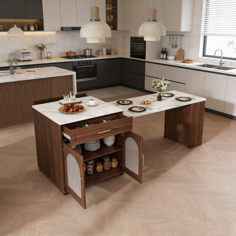 Îlot de cuisine extensible de 80 po de largeur avec plateau en faux marbre, table de salle à manger à abattants et prises intégrées