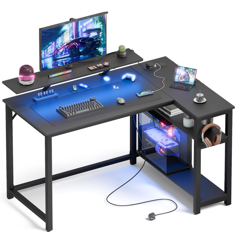 L-Shaped Computer Desk with Built-In Electrical Outlet