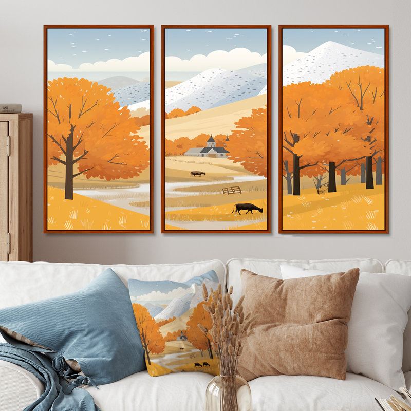 Deux vaches dans un champ de blé jaune - ensemble d'art mural arbre, H 40 po x l 60 po x P 1 po, Cadre flottant brun