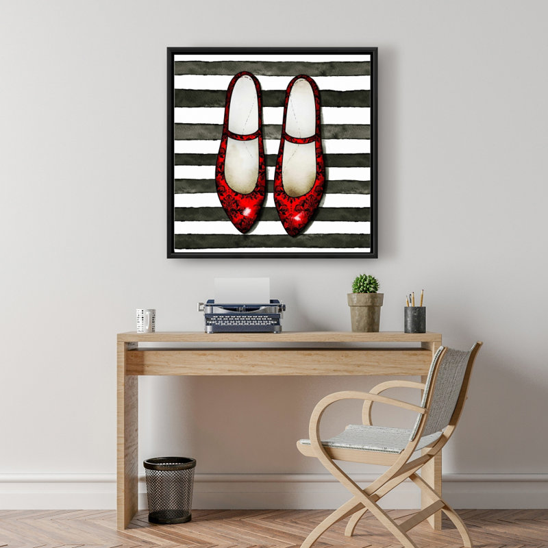 " Red Glossy Shoes On Striped Background "