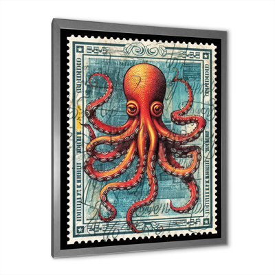 " Retro Stamp Portrait Of Red Octopus I "