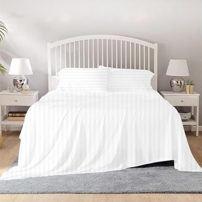 100% Egyptian Cotton Twin Size Sheet Set 1000 Thread Count Luxury Ultra Soft Bed Sheets Fits Mattress Upto 18" Inch Deep Pocket, Twin Size - White Stripe
