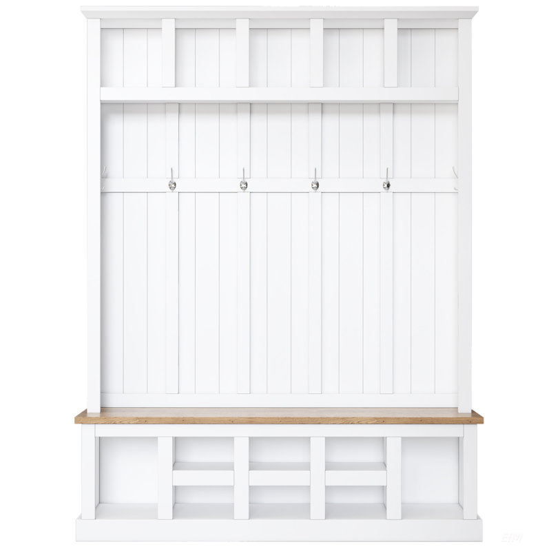 Farmhouse Wooden Style 78''H Modern Hall Tree With Wide Storage Seating Bench, Entryway Shoe Cabinet With 13 Compartments, Elegant Coat Rack With 6 Hooks For Mudroom, Living Room